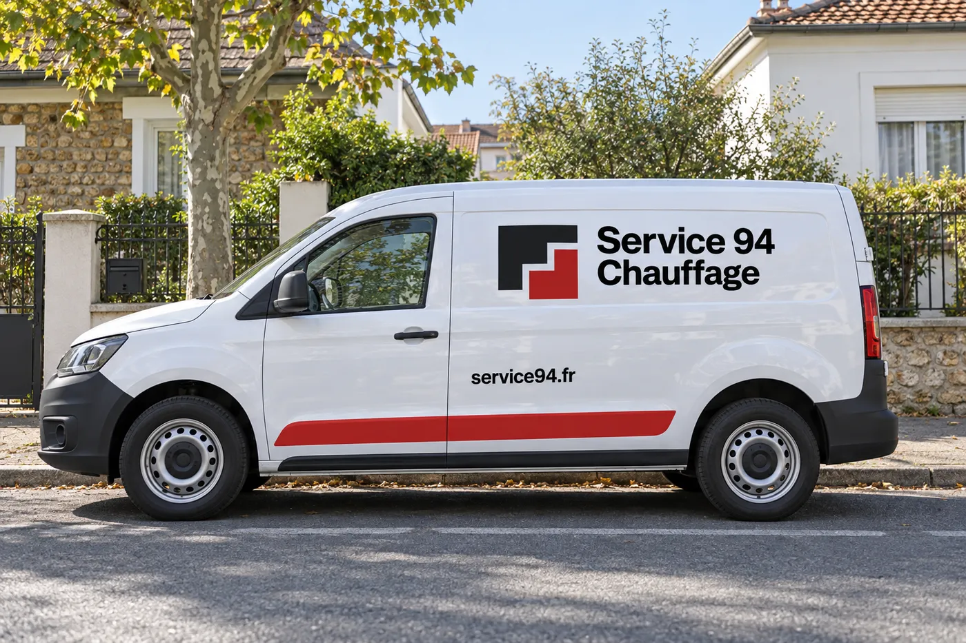 Fourgon blanc Service 94 Chauffage, marqué service94.fr, garé dans une rue pavillonnaire du Val-de-Marne