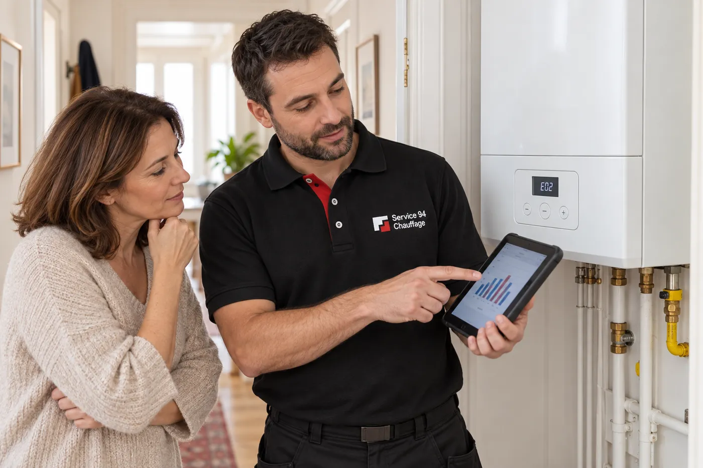 Chauffagiste Service 94 Chauffage expliquant un diagnostic sur tablette à une habitante, à côté d'une chaudière gaz murale